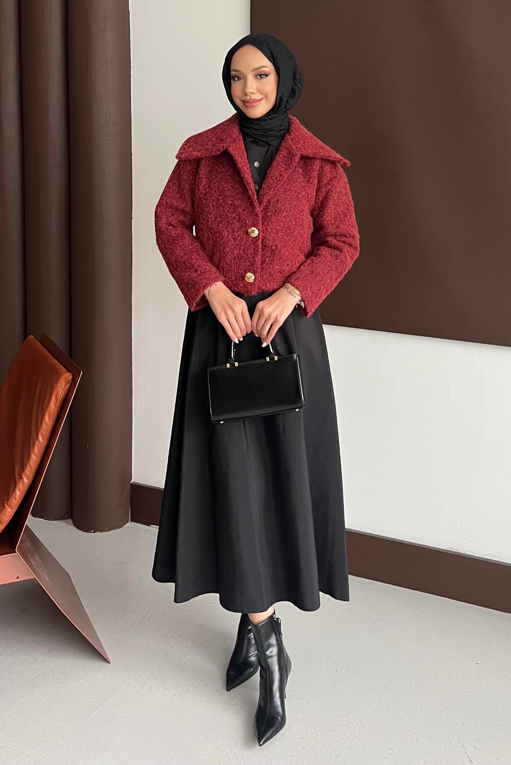 Dora Kumaş Kısa Kaban Bordo