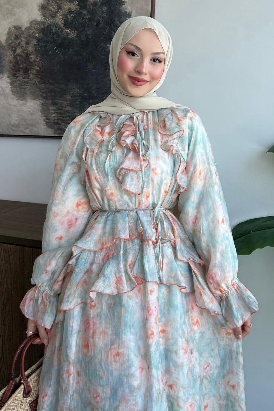 Fırfır Detaylı Maxi Elbise Soft Mavi