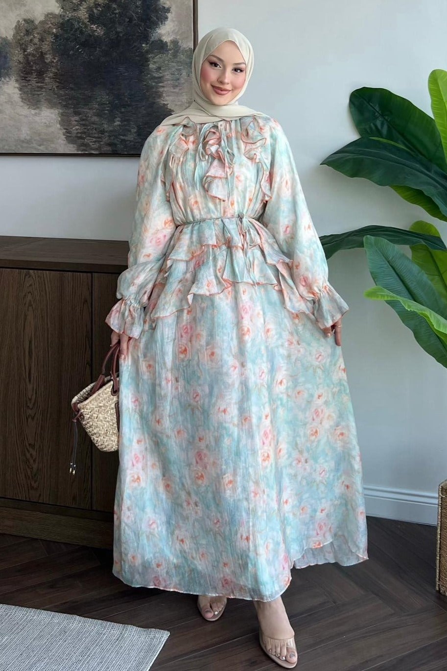 Fırfır Detaylı Maxi Elbise Soft Mavi