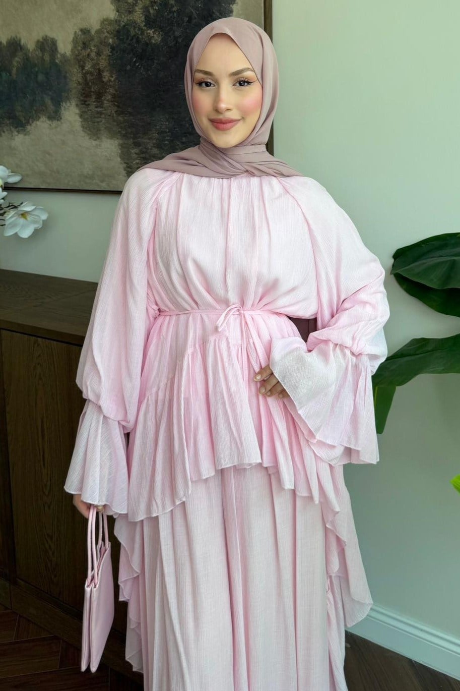 Fırfırlı Kol Detaylı Pantolonlu Takım Pembe