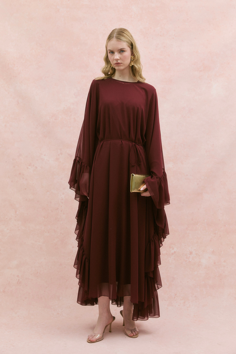 Fırfırlı Şifon Abaya Bordo