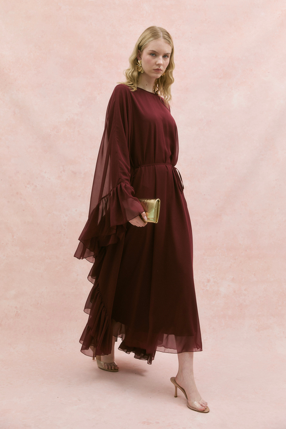 Fırfırlı Şifon Abaya Bordo