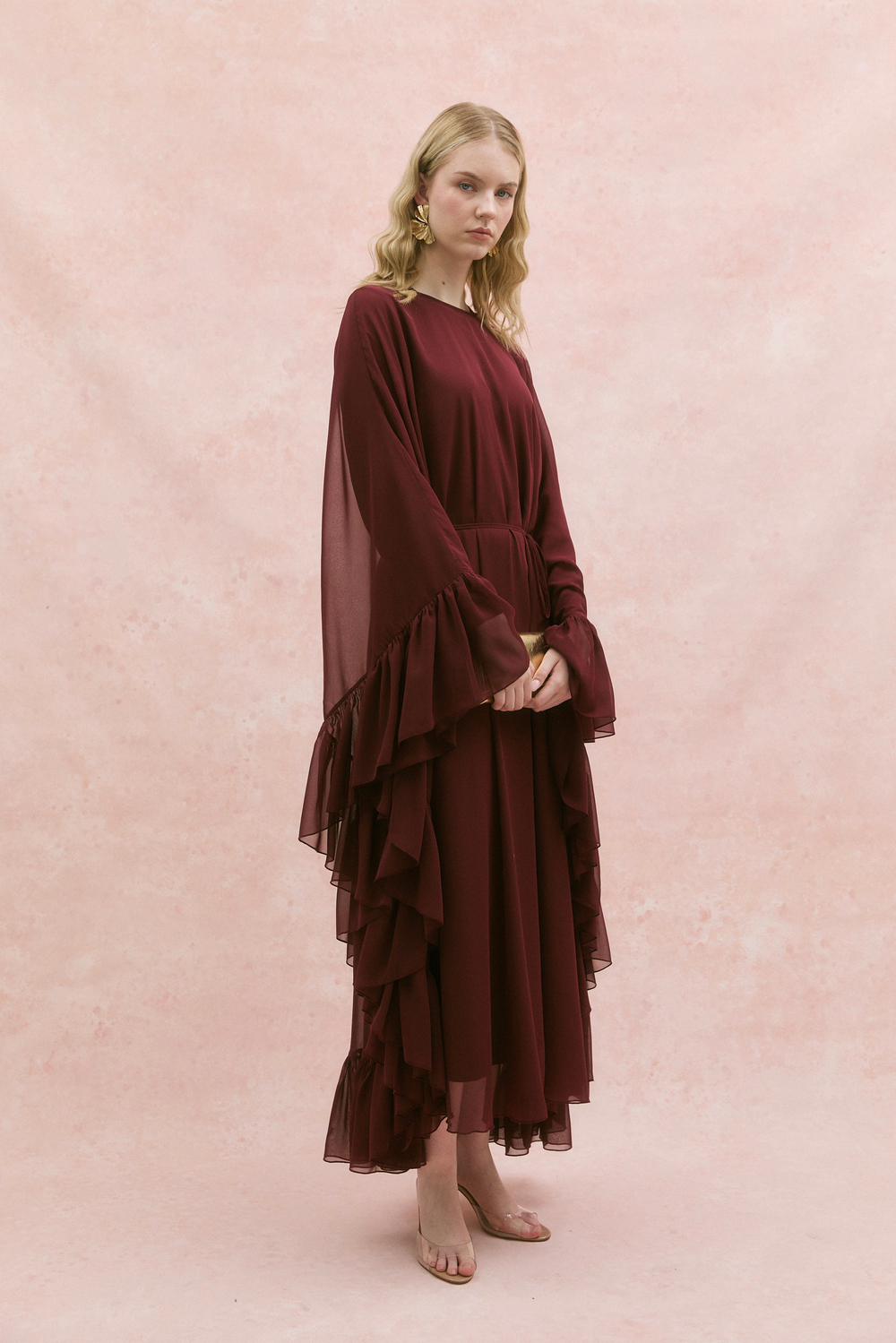Fırfırlı Şifon Abaya Bordo