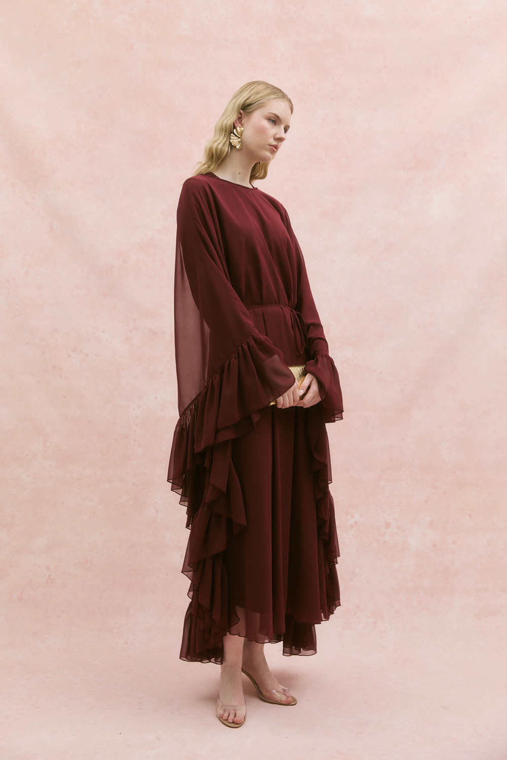 Fırfırlı Şifon Abaya Bordo