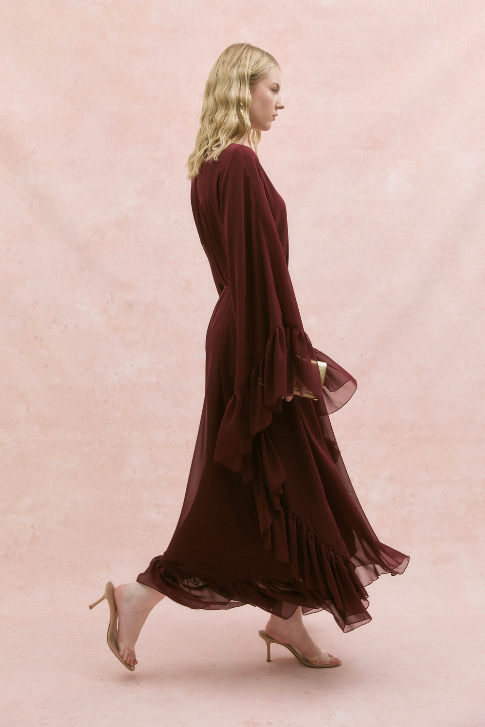 Fırfırlı Şifon Abaya Bordo