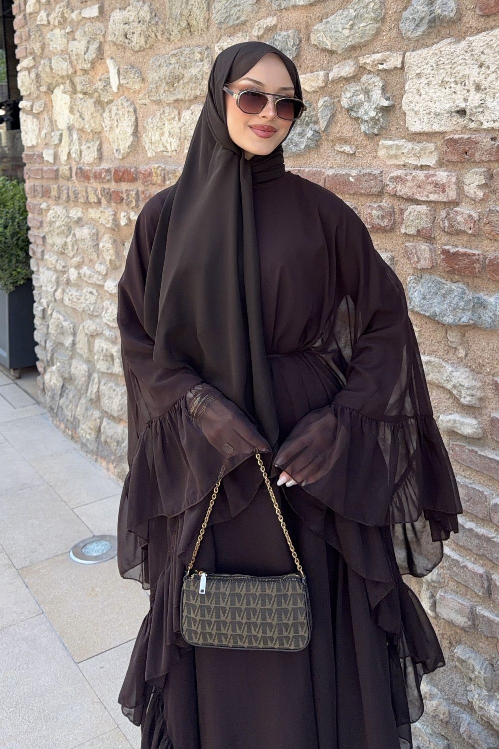 Fırfırlı Şifon Abaya Kahverengi