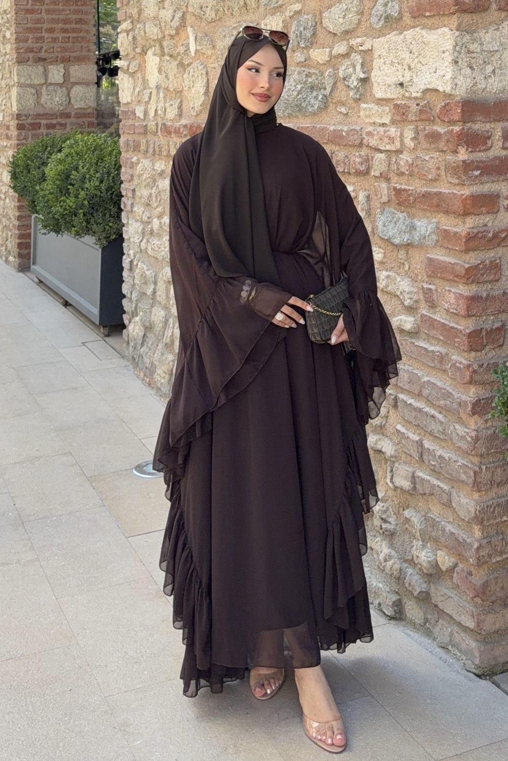 Fırfırlı Şifon Abaya Kahverengi