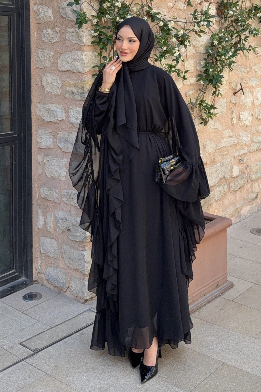 Fırfırlı Şifon Abaya Siyah