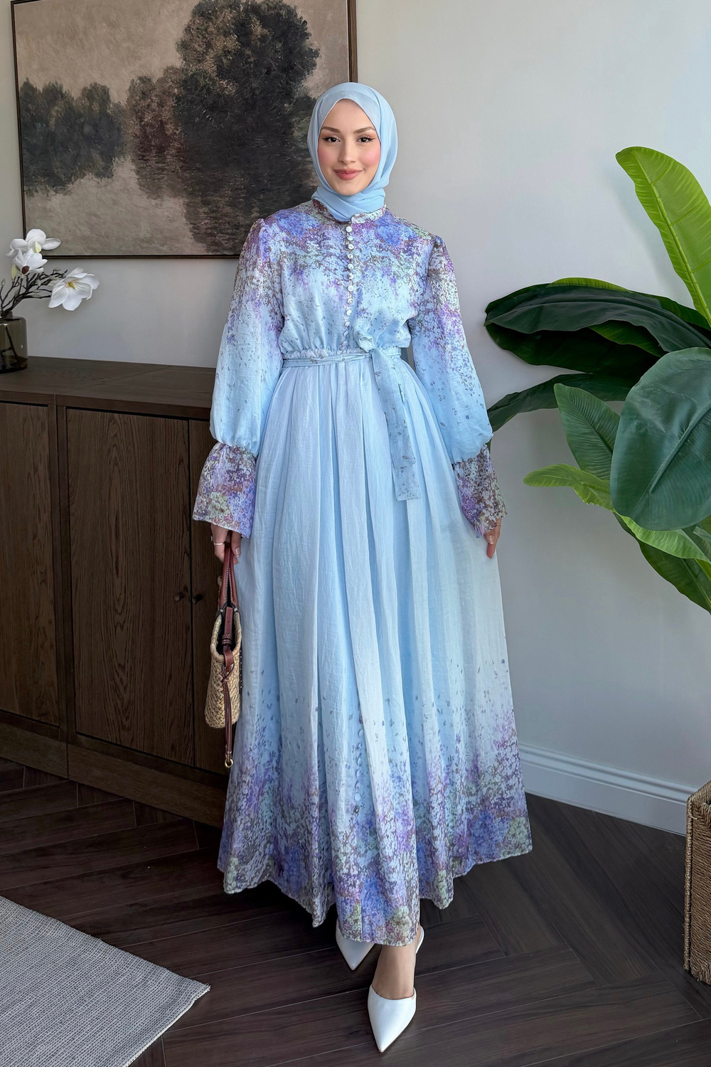 Floris Boydan Düğmeli Çiçekli Elbise Ice Blue