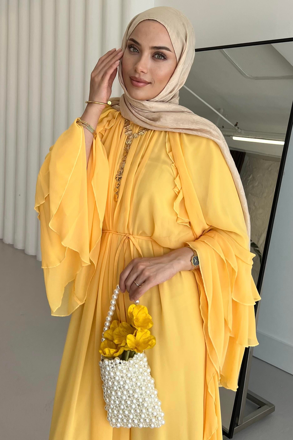 Glamour Şifon Elbise Limon Sarısı