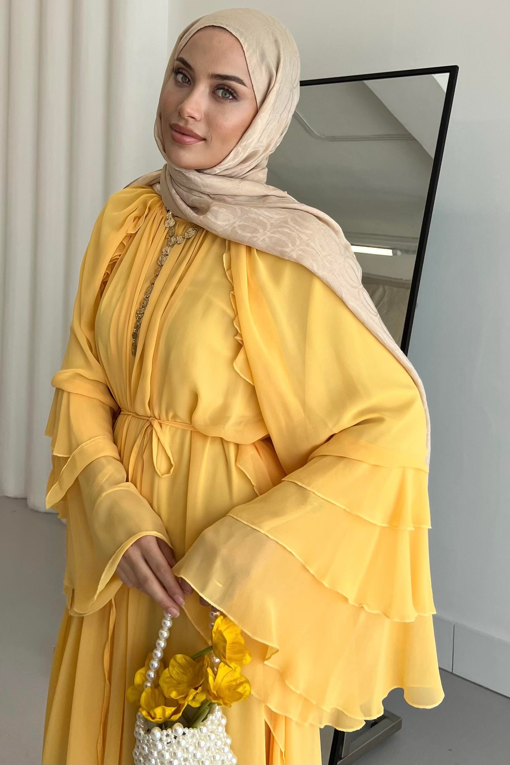 Glamour Şifon Elbise Limon Sarısı