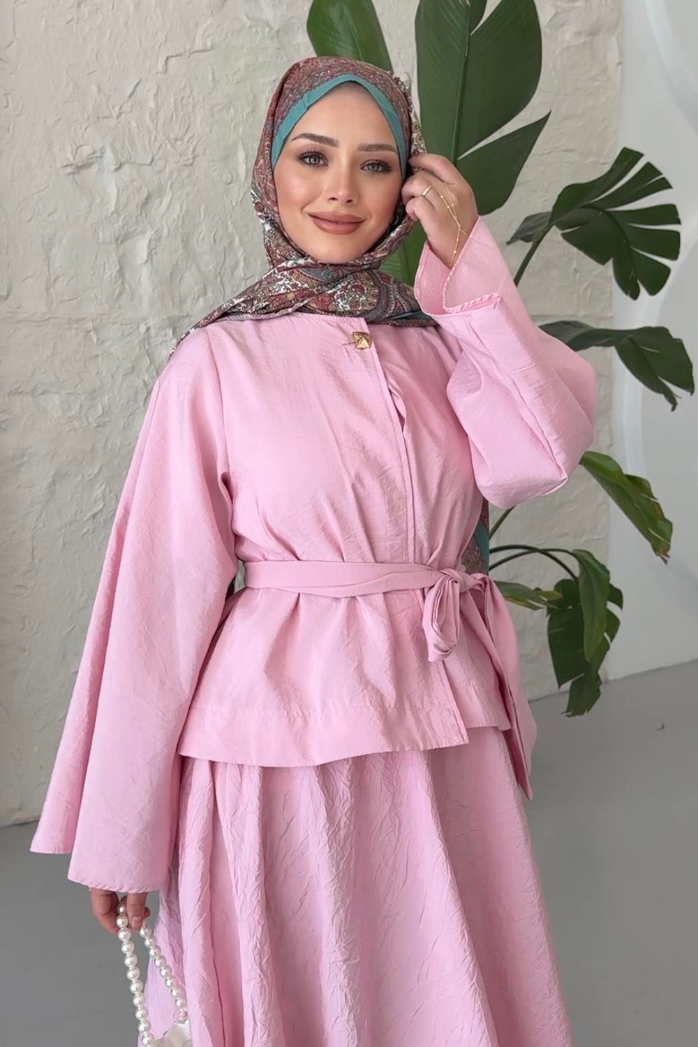 Gold Düğmeli Etekli Takım Toz Pembe