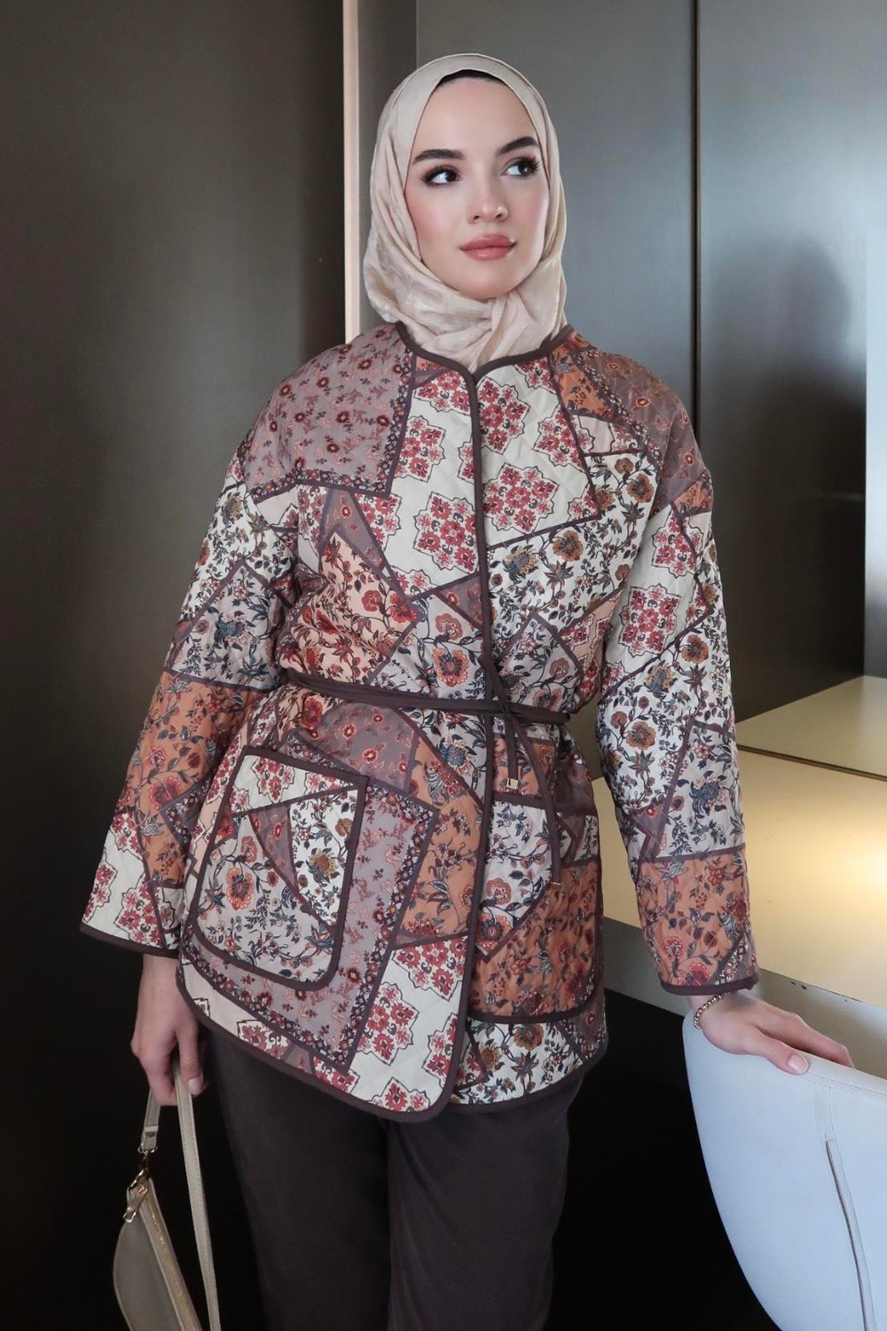 Kapitone Etnik Desenli Ceket Taba