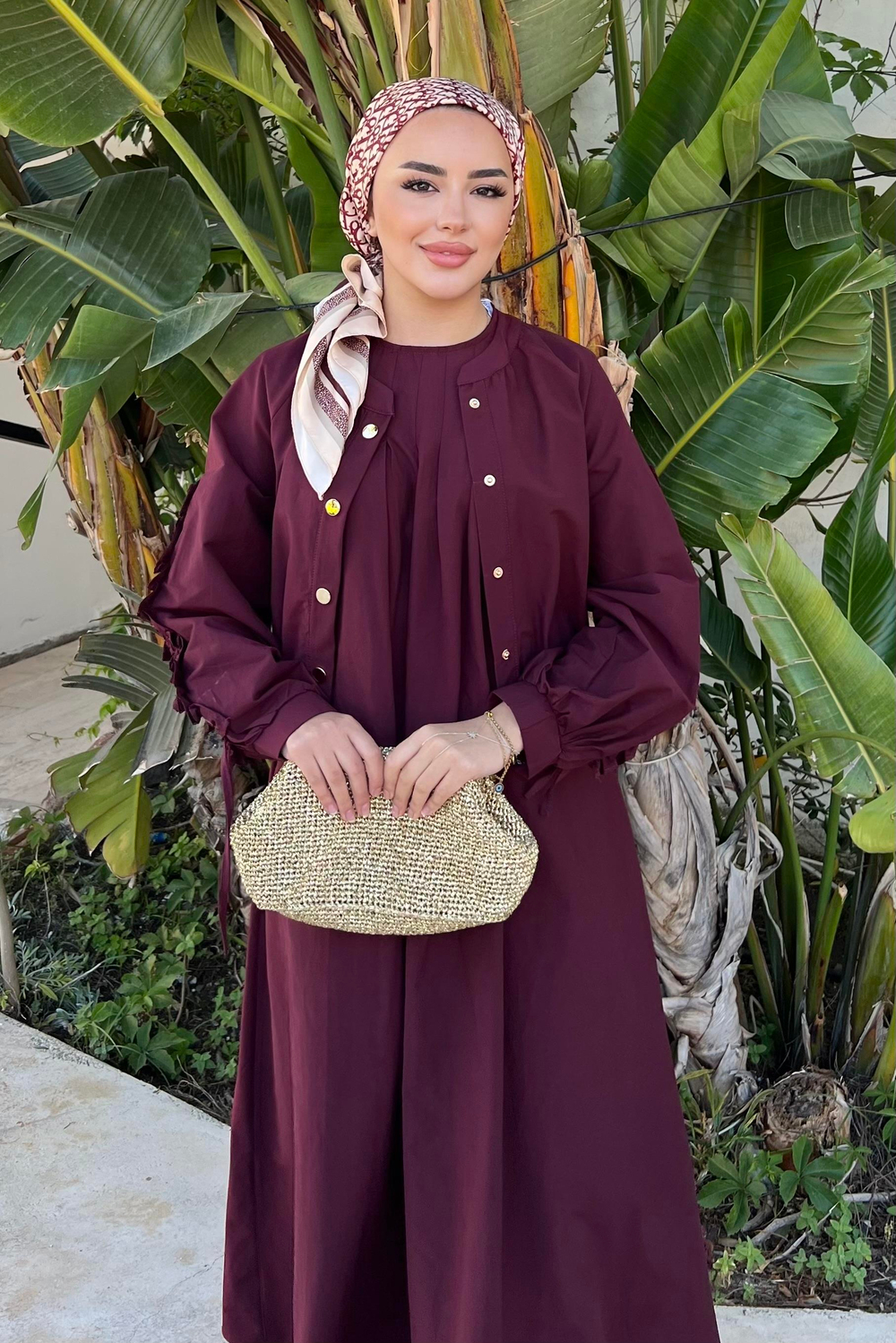 Kolları Büzgülü Ceketli Elbise Burgonya