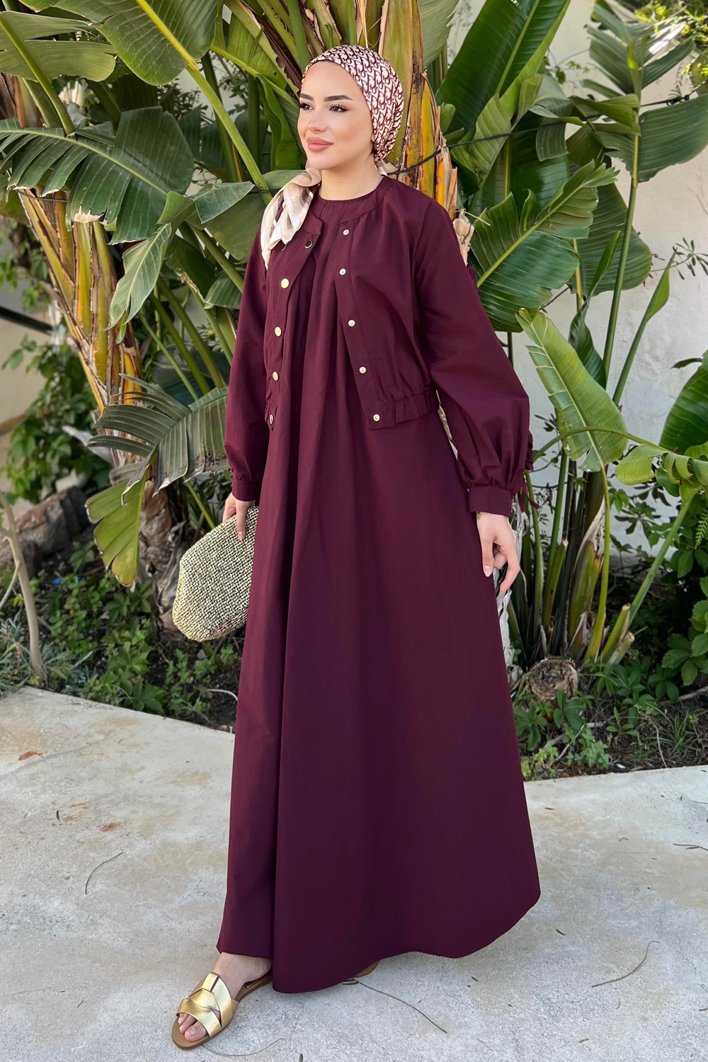 Kolları Büzgülü Ceketli Elbise Burgonya
