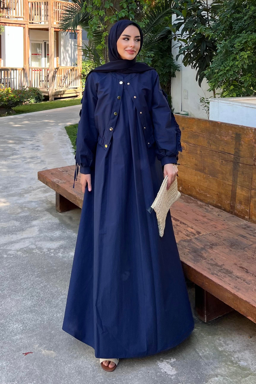 Kolları Büzgülü Ceketli Elbise Lacivert