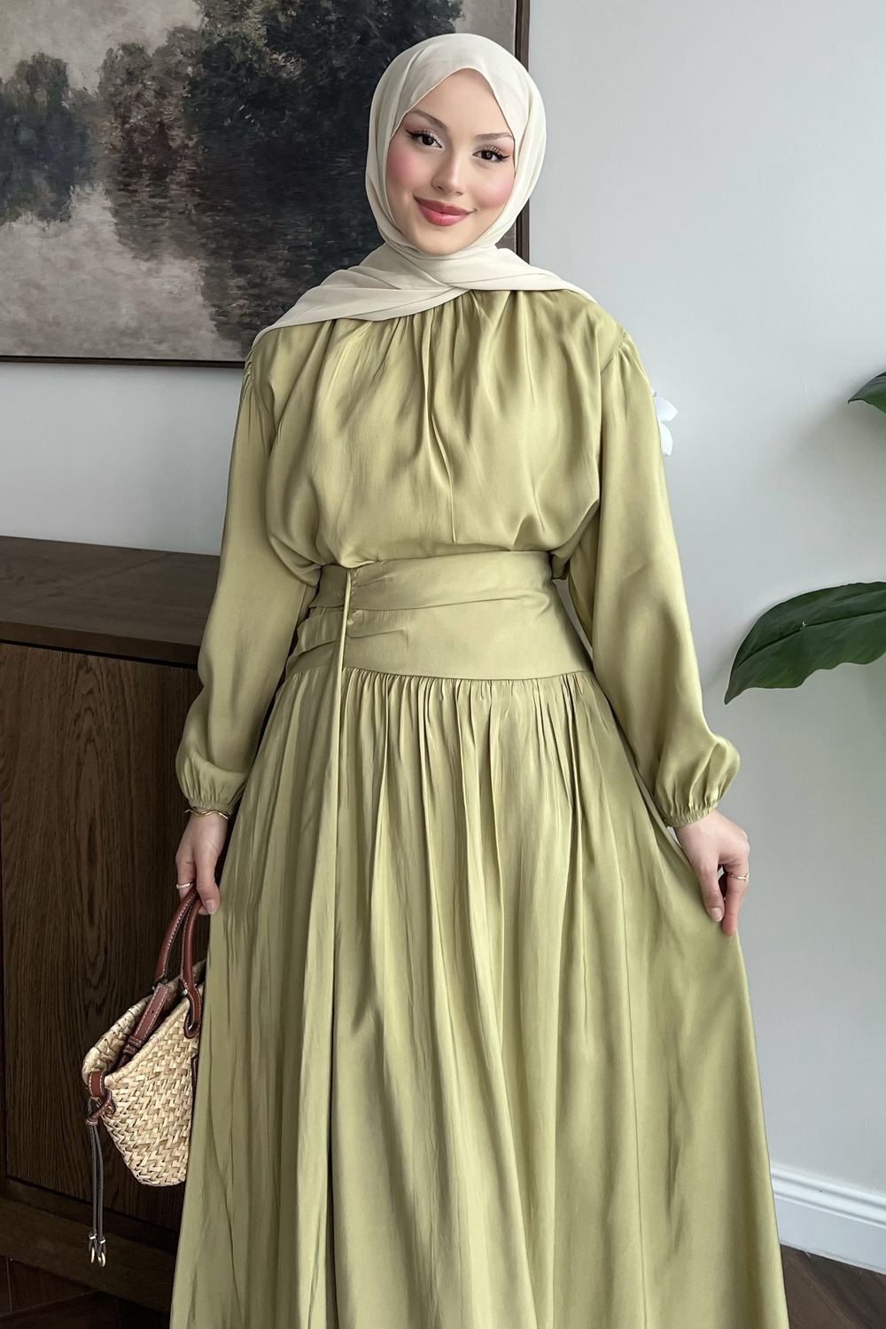 Korsace Büzgülü Etekli Takım Olive