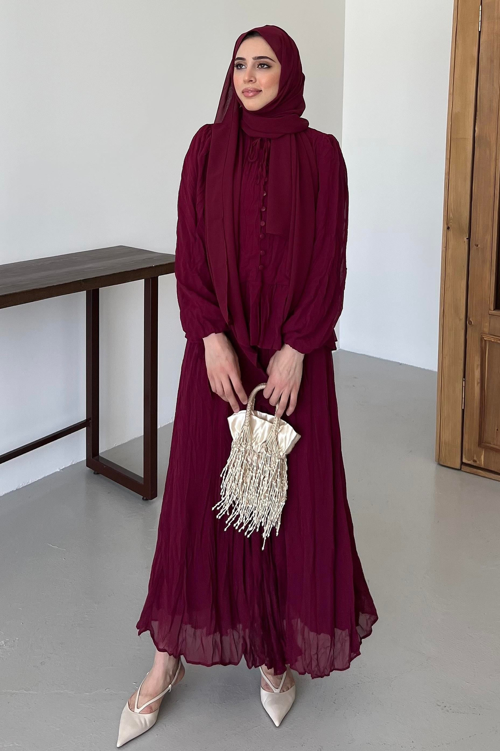 Kraşlı Şifon Etekli Takım Bordo