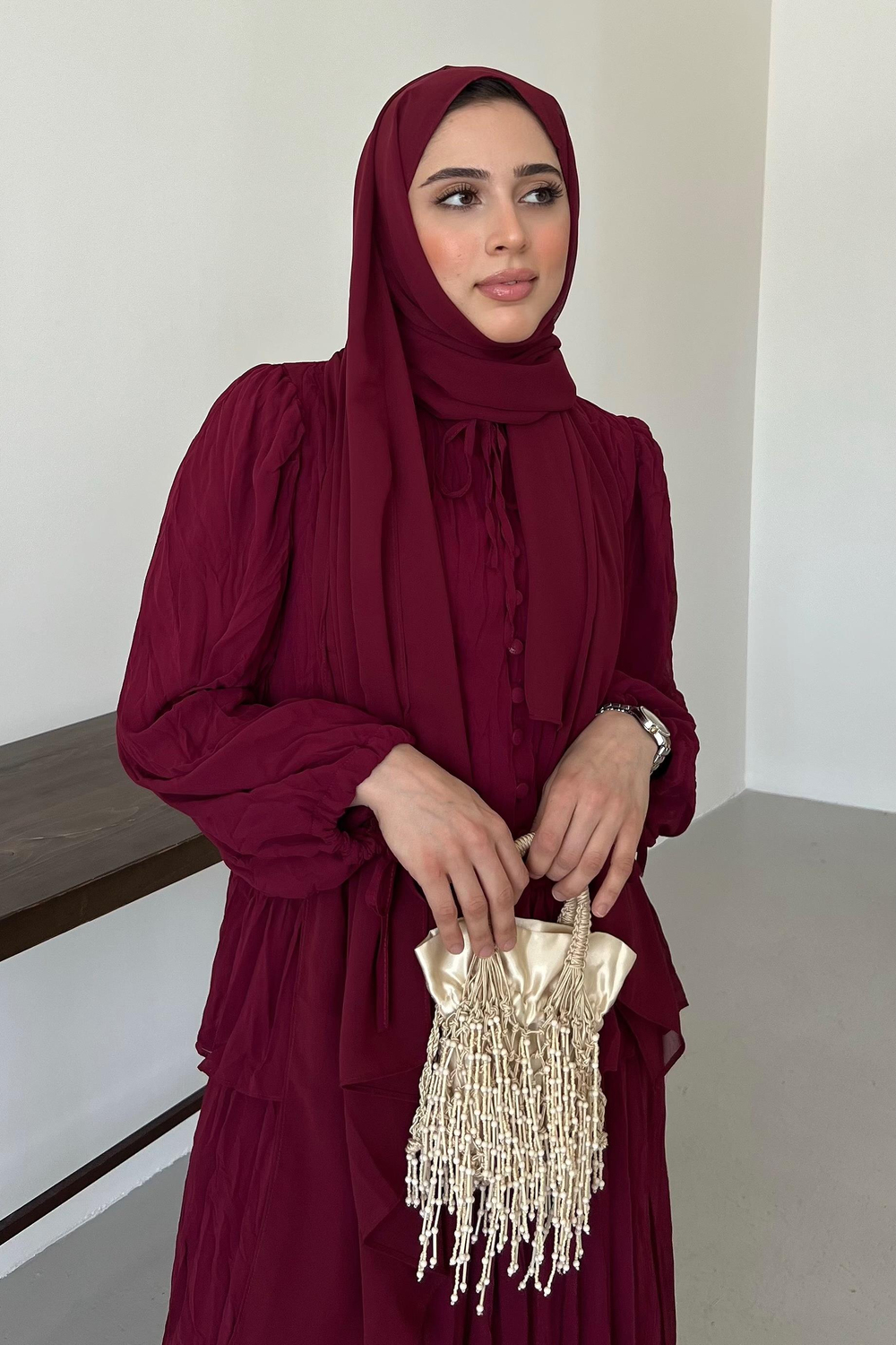 Kraşlı Şifon Etekli Takım Bordo