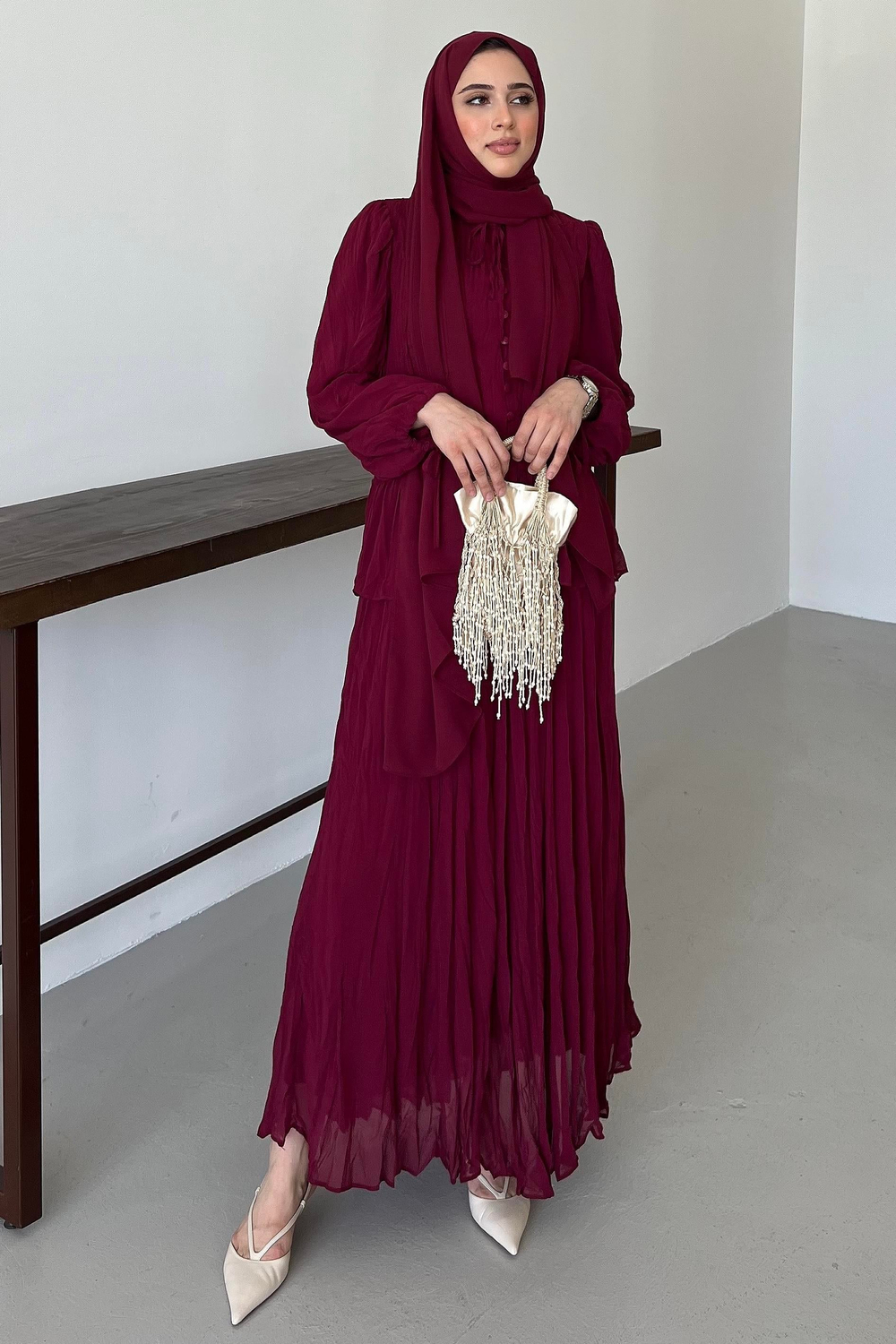 Kraşlı Şifon Etekli Takım Bordo