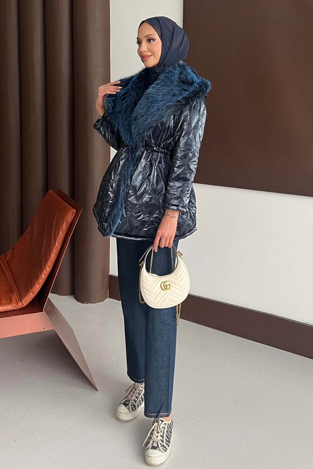 Kürk Yakalı Mont Lacivert