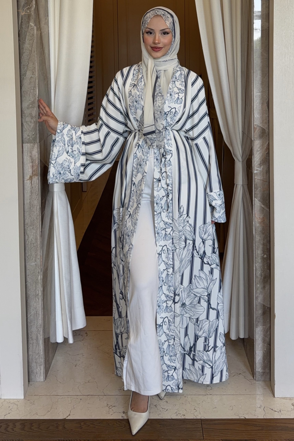 Lady Şallı Çizgili Abaya Takım Lacivert