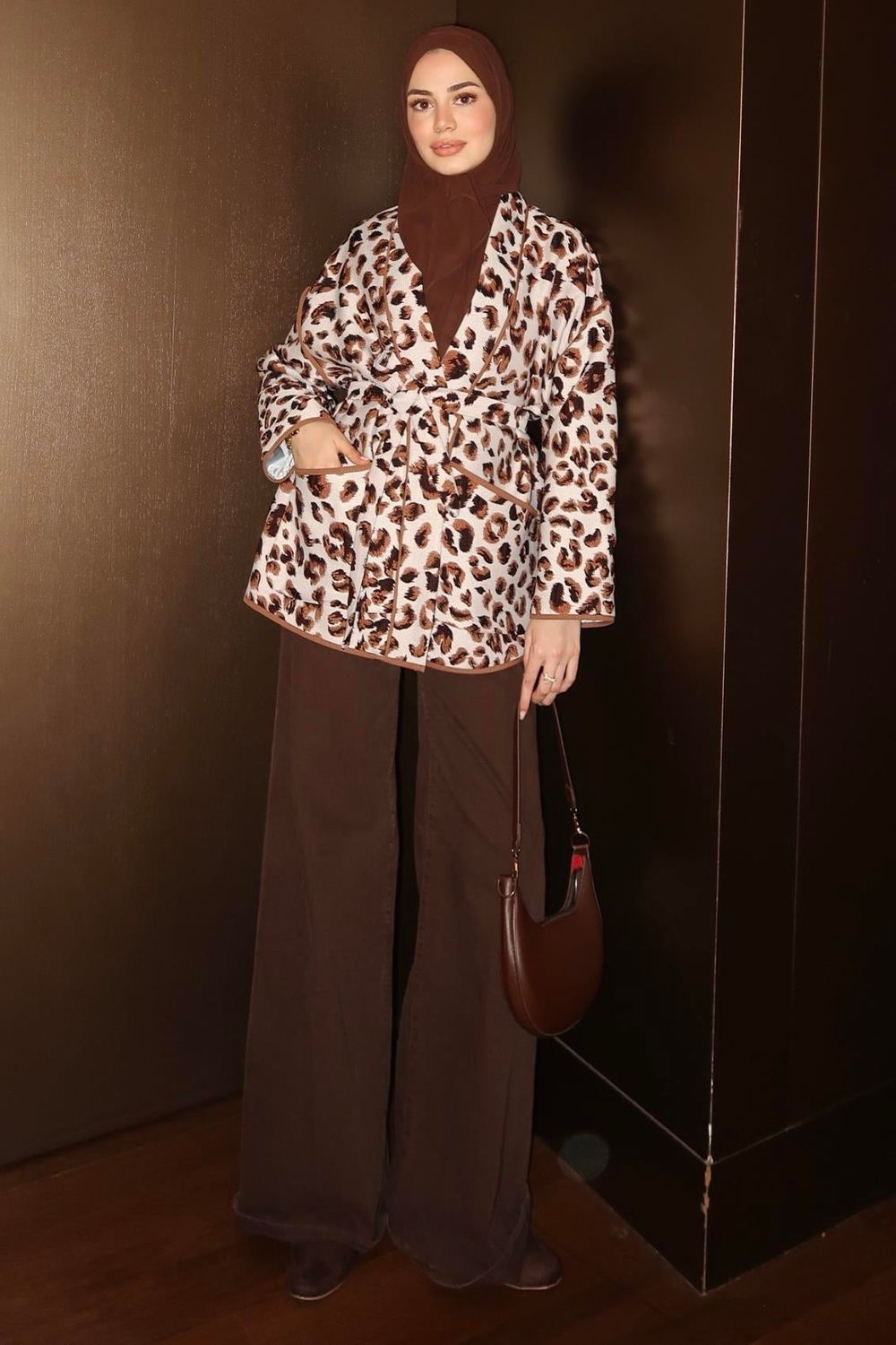 Leopar Desenli Bağlamalı Ceket Ekru