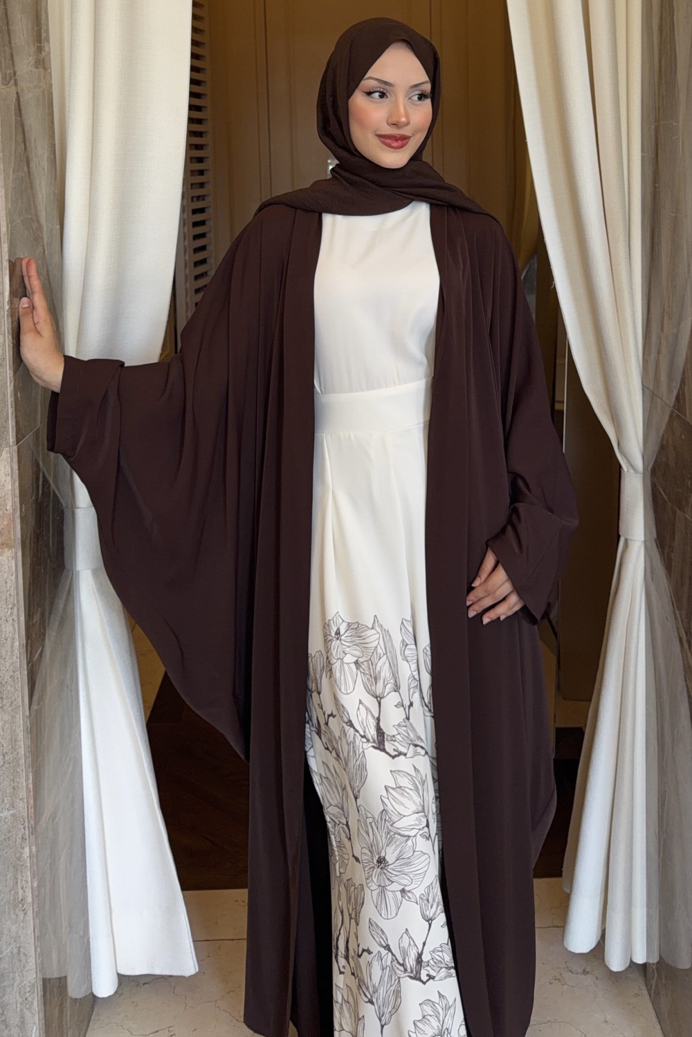 Manesa Tulumlu Abaya Takım Kahverengi