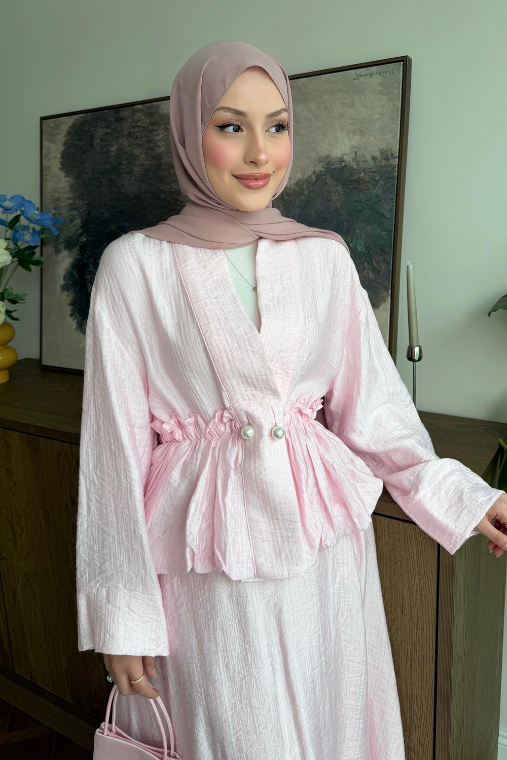 Noir Büzgülü Tencel Takım Soft Pembe