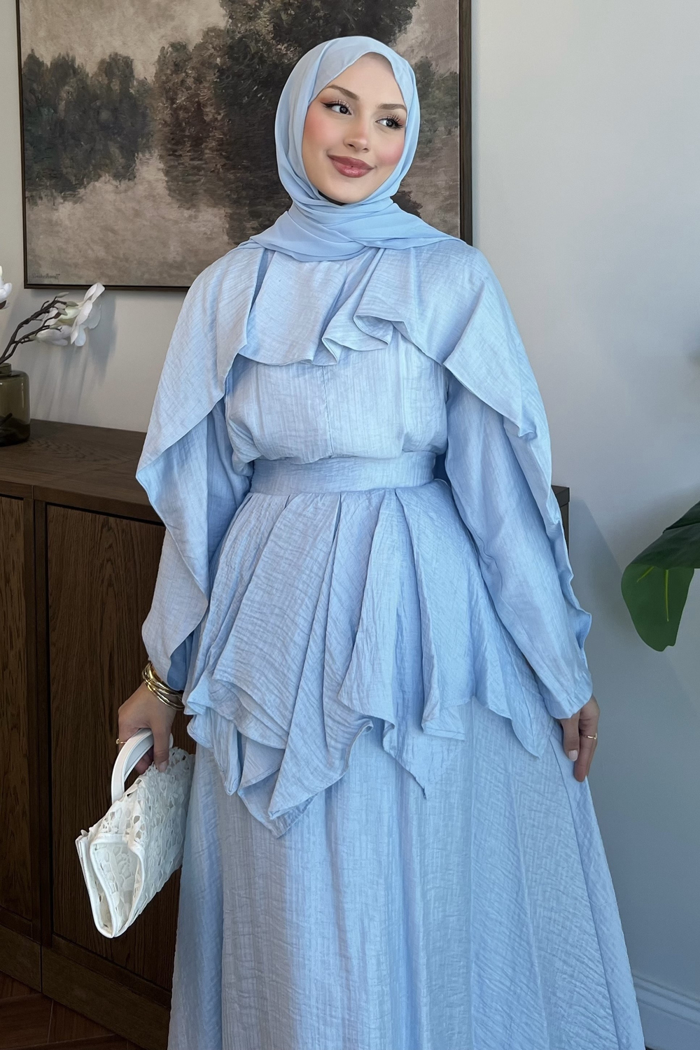 Nora Pelerin Bluzlu Müslin Etekli Takım Soft Mavi