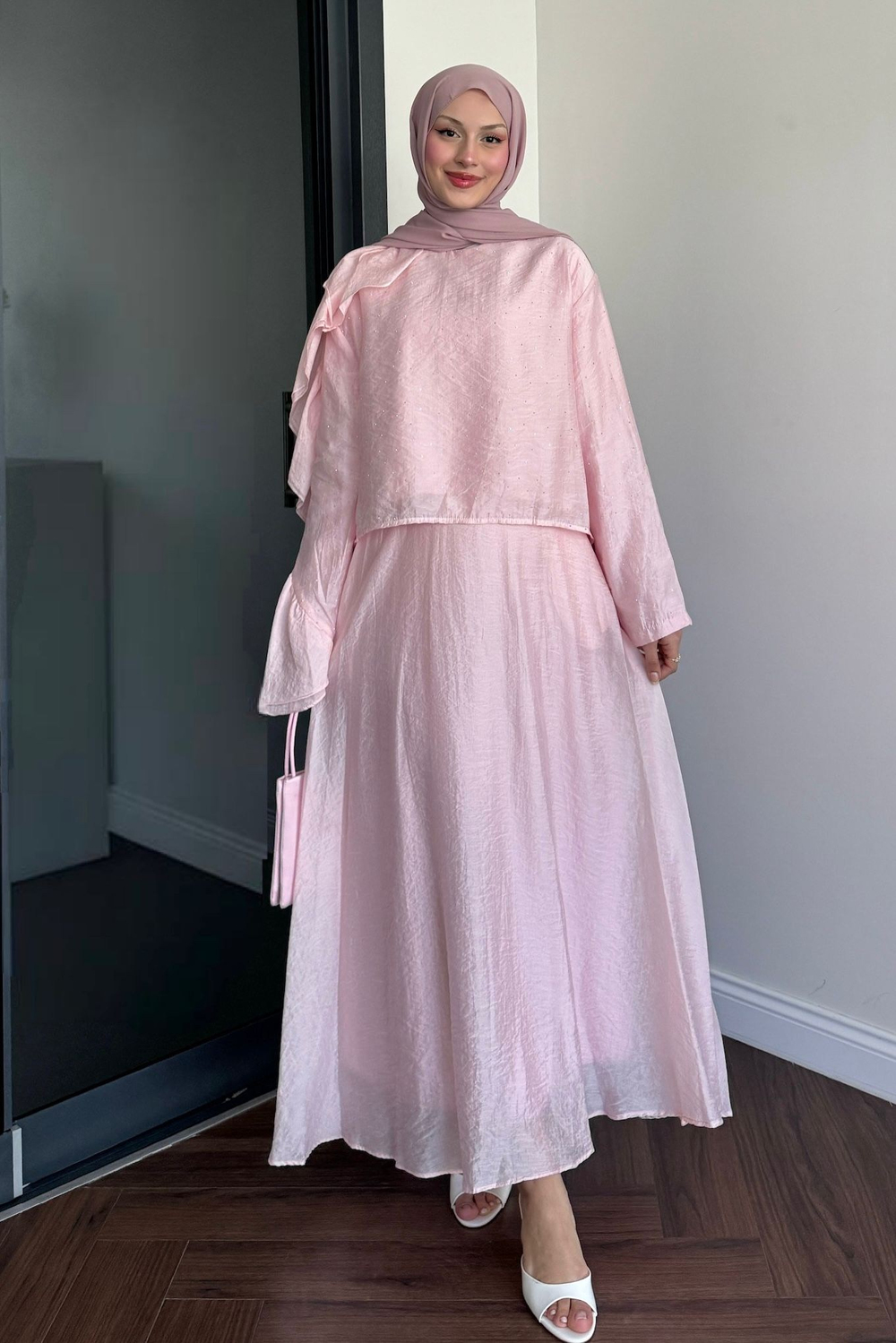 Omzu Büzgülü Taşlı Takım Pembe 