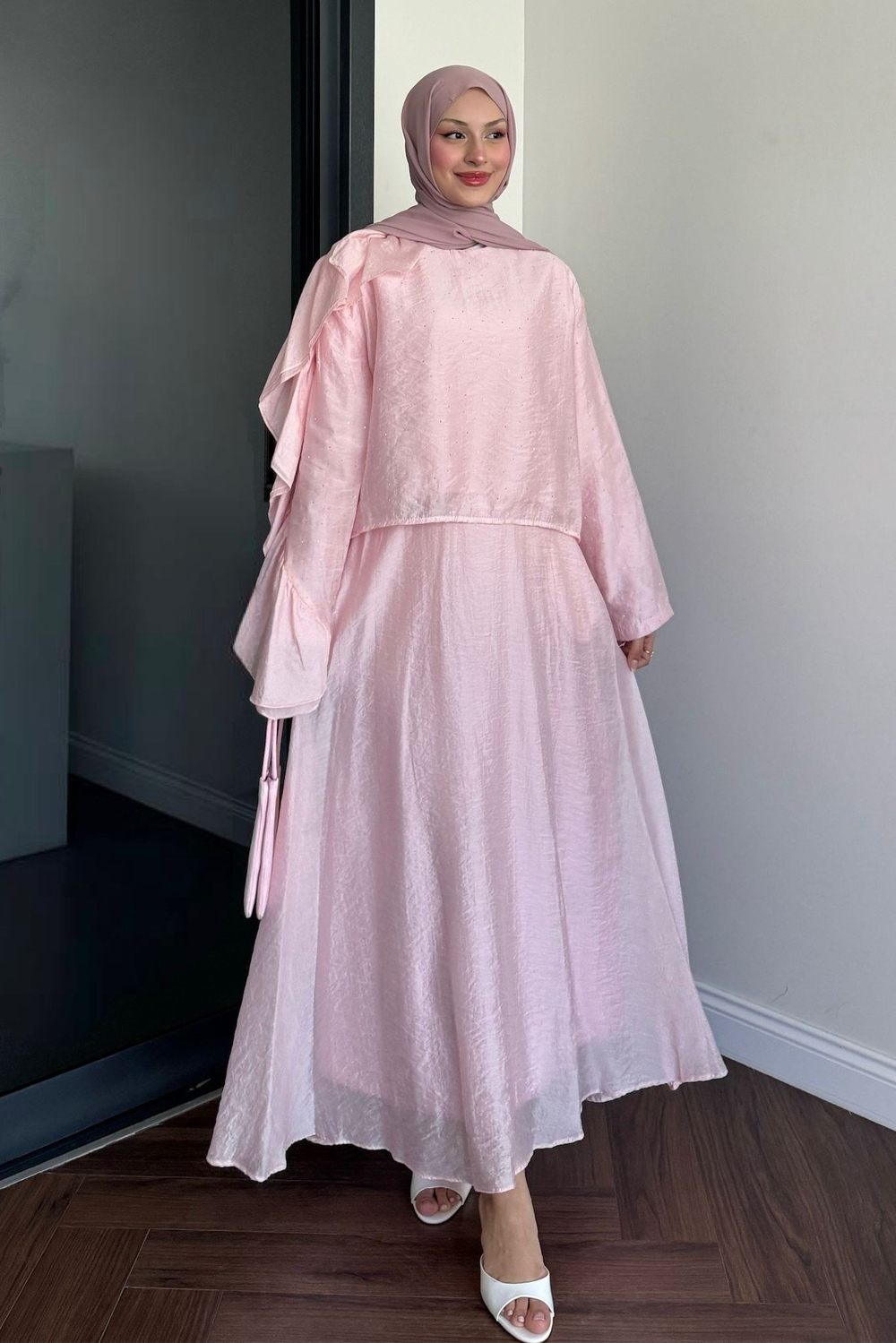 Omzu Büzgülü Taşlı Takım Pembe 