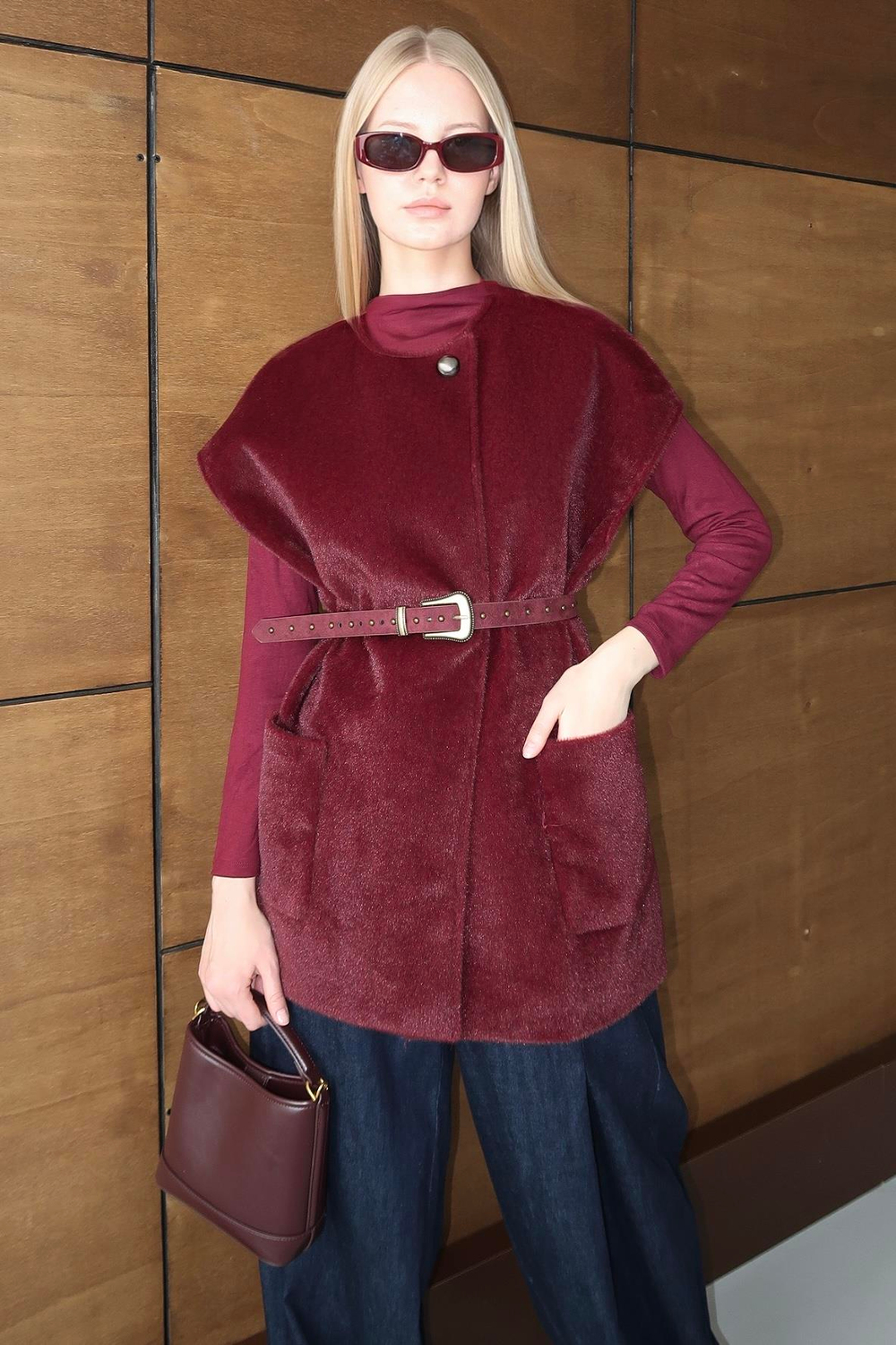 Oversize Tay Tüyü Yelek Bordo