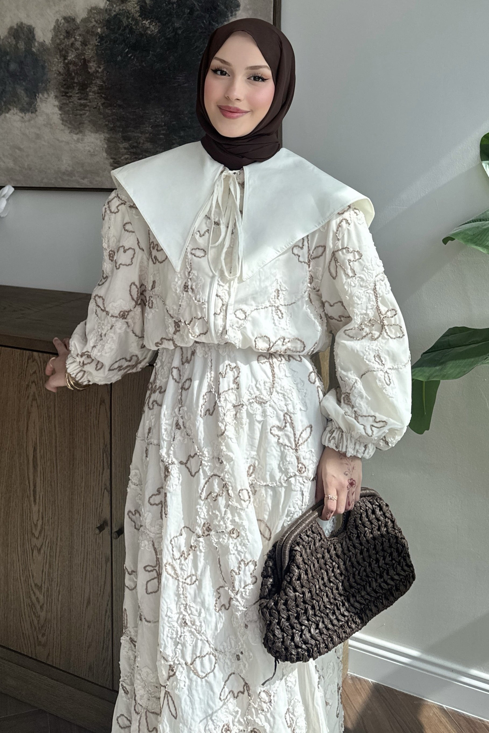 Premium Desenli Yakalı Maxi Takım Bej