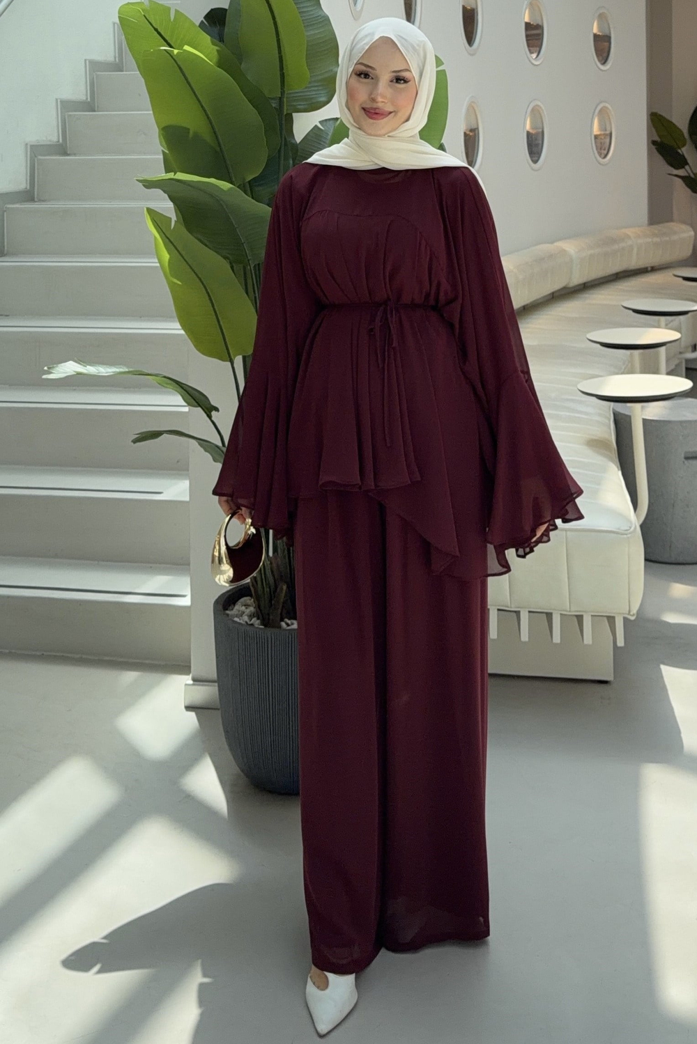 Royal Şifon Pantolonlu Takım Bordo