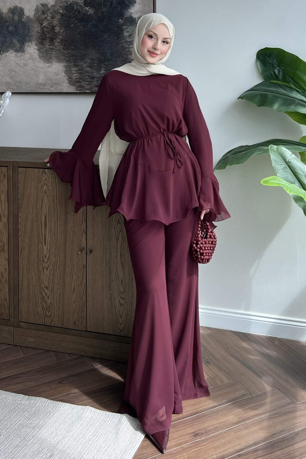 Şifonlu Pantolonlu Takım Bordo