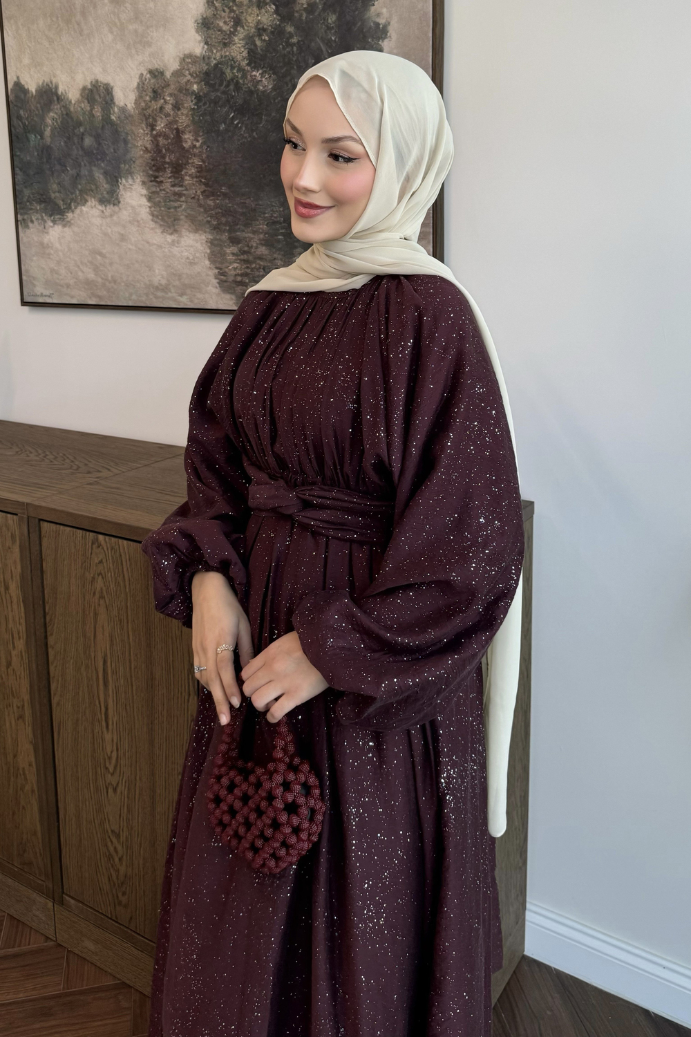 Simli Tül Tencel Elbise Mürdüm