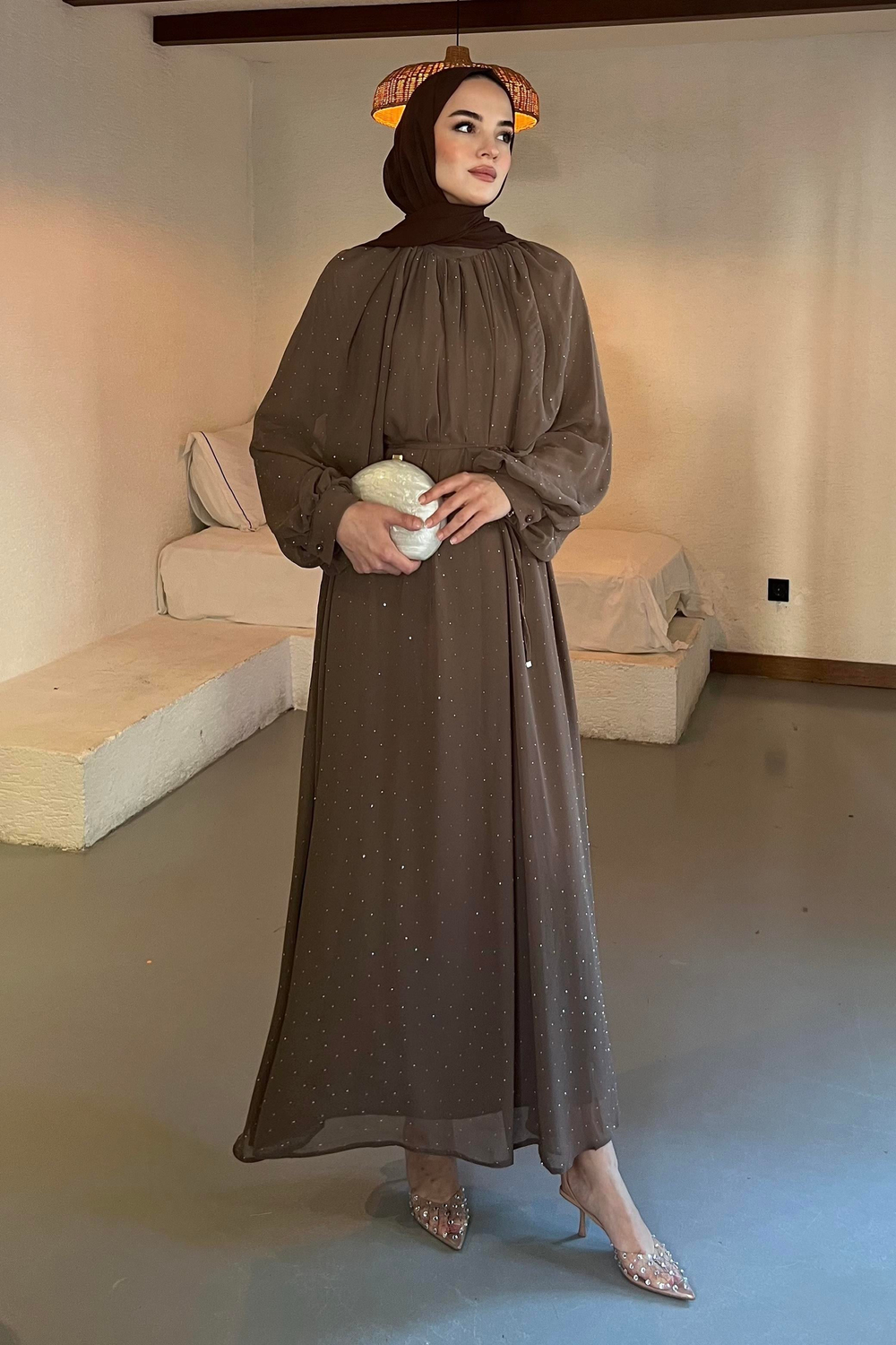 Taşlı Şifon Elbise Cappuccino