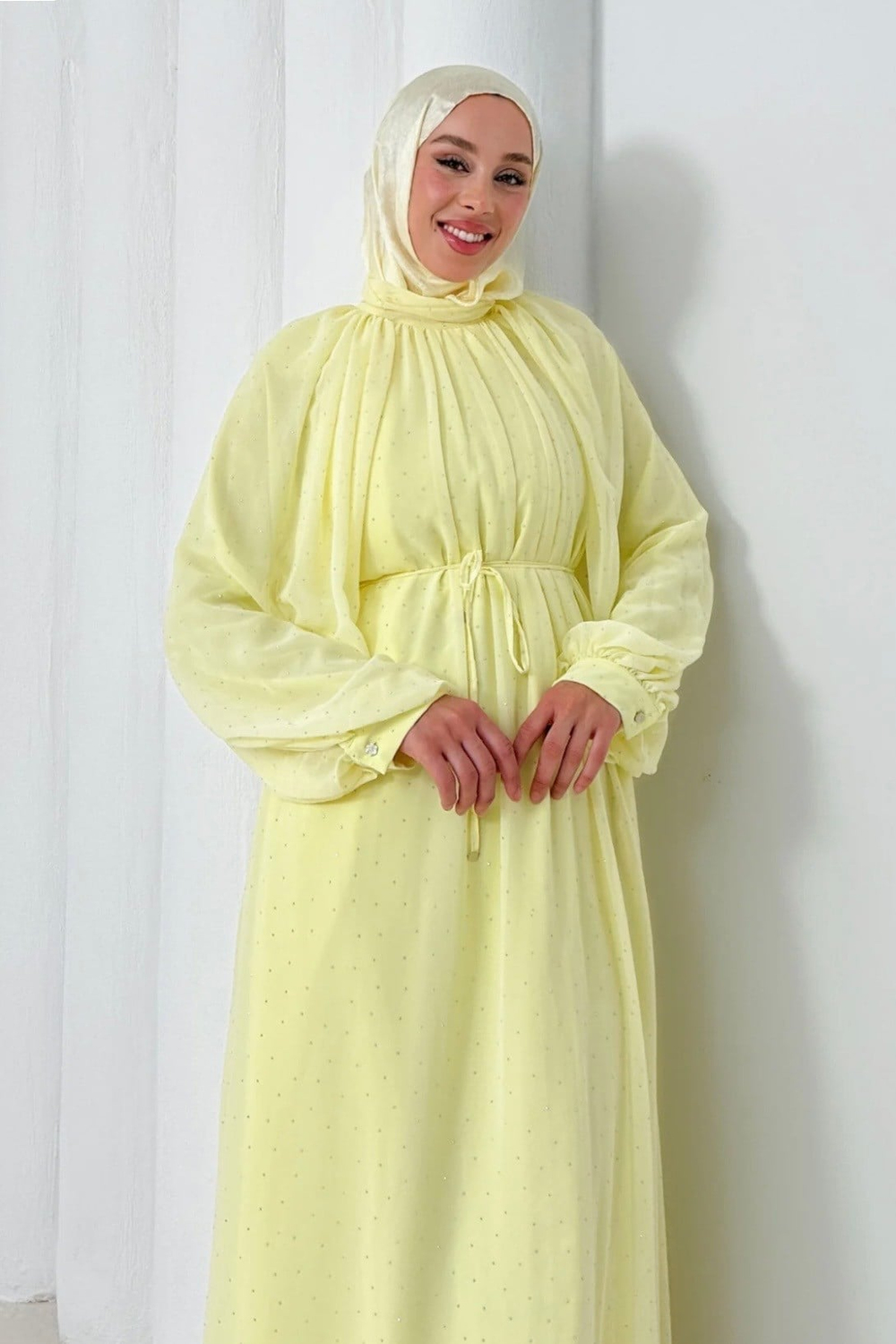 Taşlı Şifon Elbise Limon Sarısı