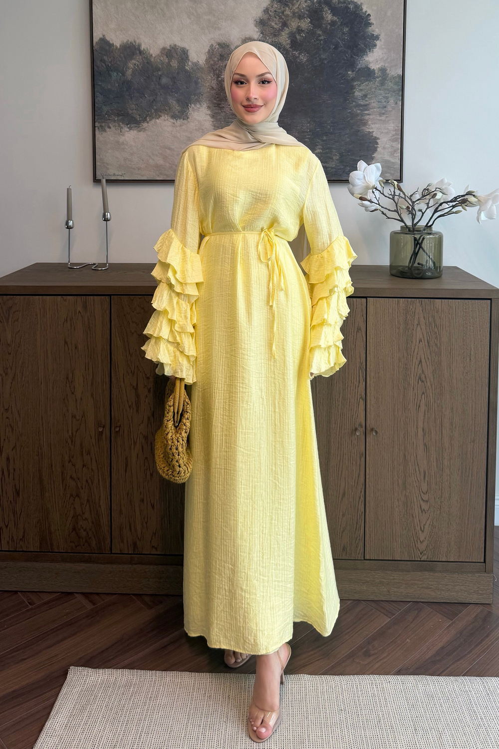Volanlı Tül Tensel Elbise Butter Yellow