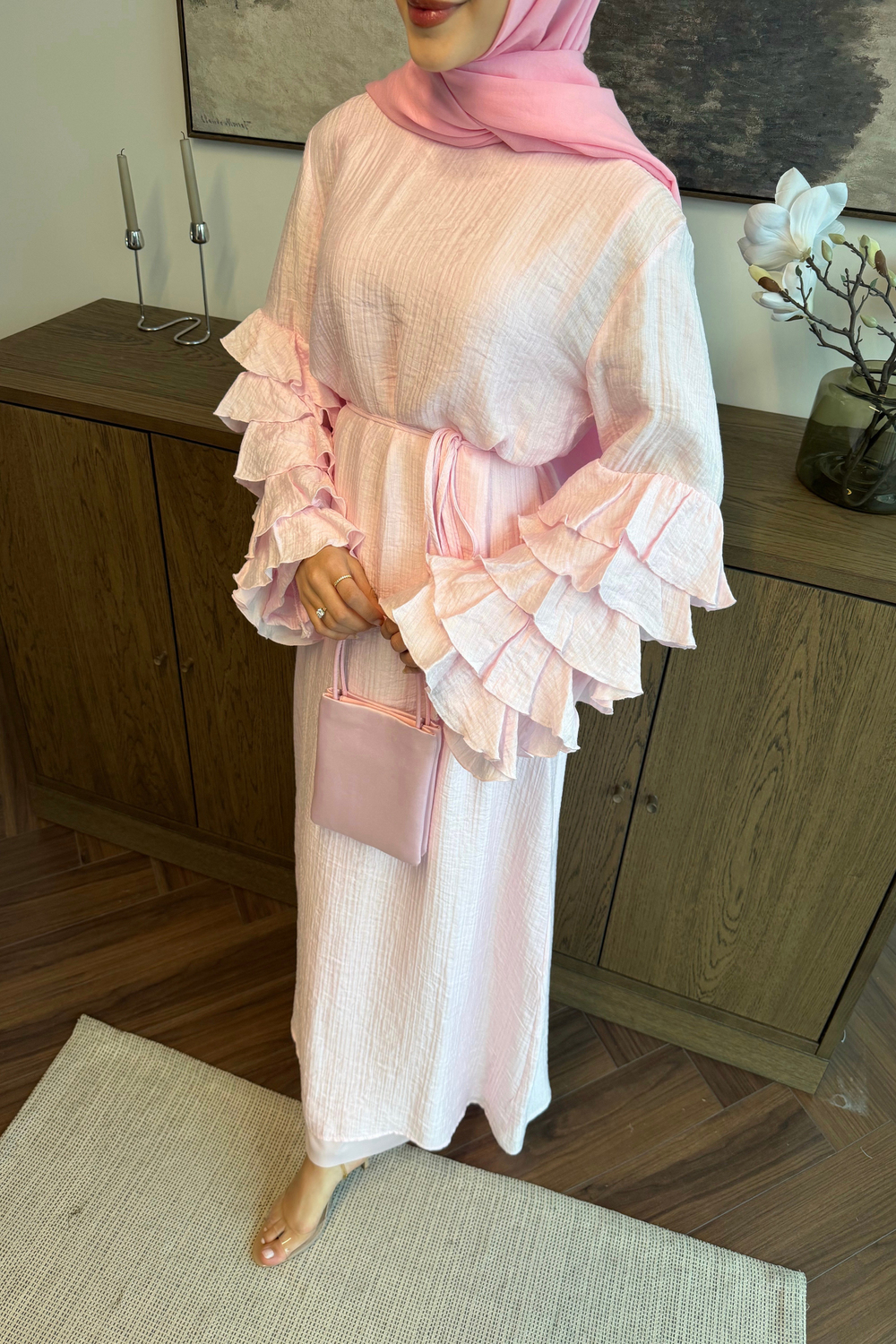 Volanlı Tül Tensel Elbise Soft Pembe