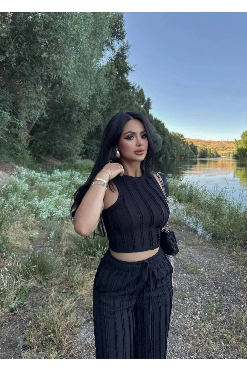 Kadın Kaşkorse Crop Top ve Bol Paça Pantolon İkili Takım