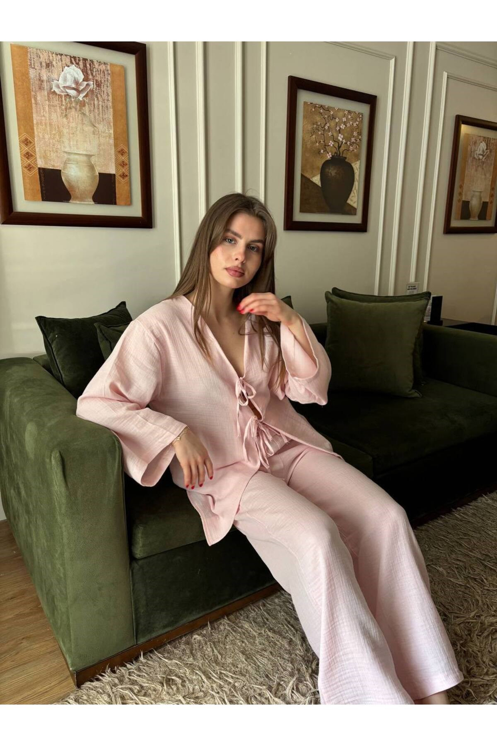 Kadın Müslin Kumaş Bağlama Detaylı Oversize Alt Üst Takım