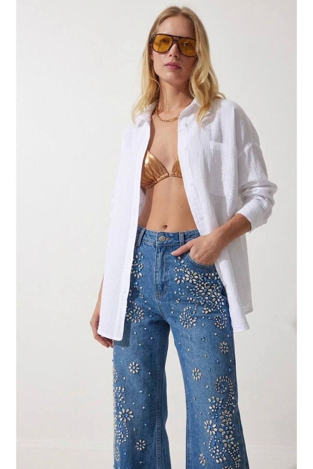 Kadın Müslin Kumaş Oversize Uzun Kollu Gömlek
