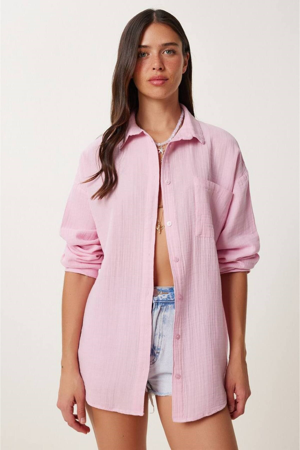 Kadın Müslin Kumaş Oversize Uzun Kollu Gömlek