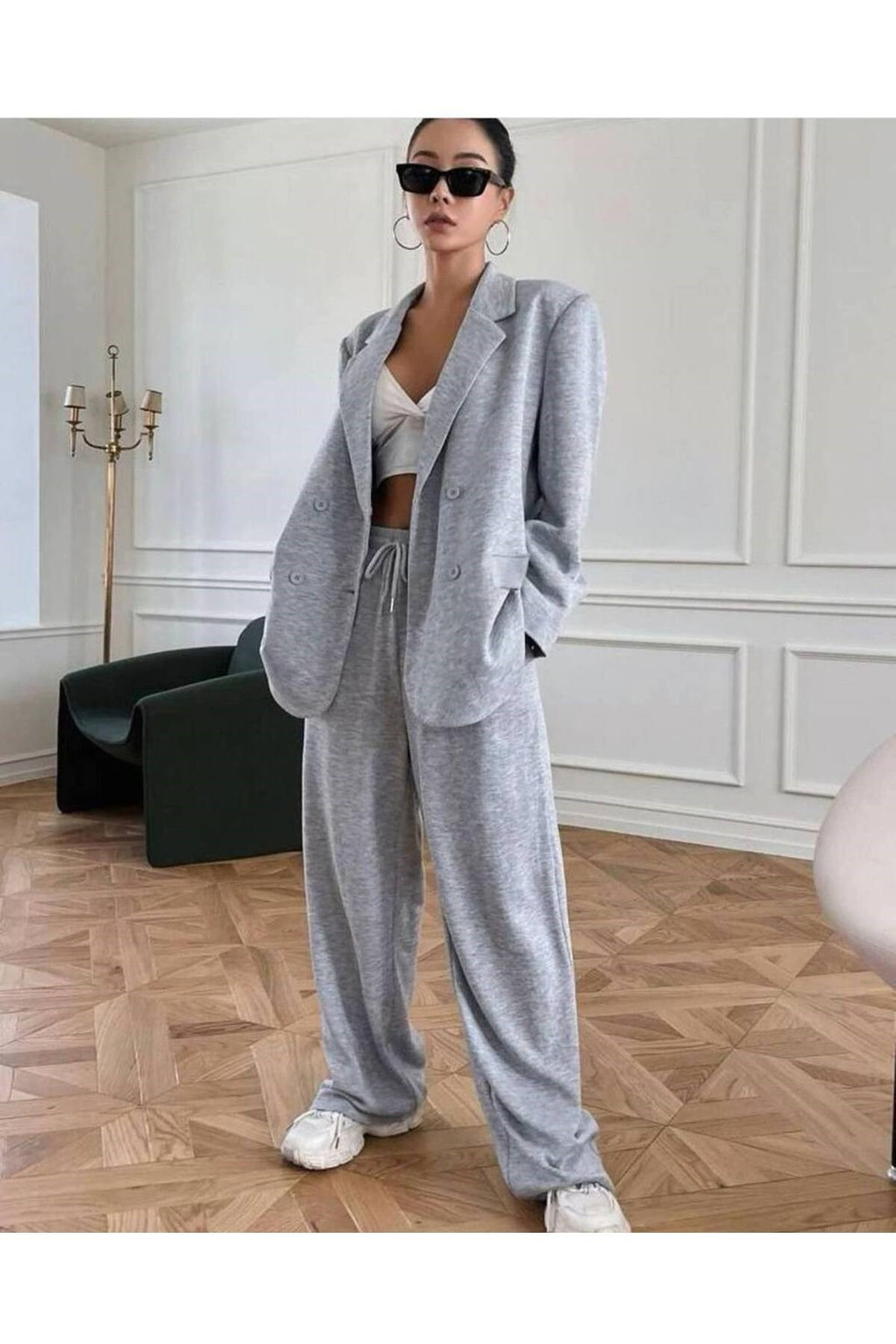 Kadın Oversize Blazer Ceketli Rahat Gri Eşofman Takım