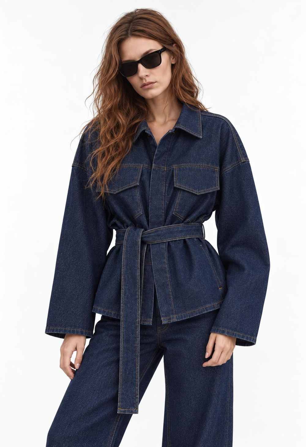 Oversize Kalıp Kuşaklı Kot Ceket Pantolon Alt Üst Takım
