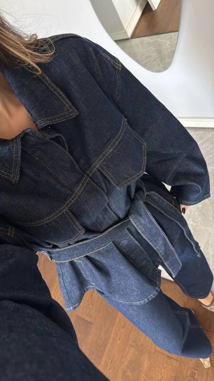 Oversize Kalıp Kuşaklı Kot Ceket Pantolon Alt Üst Takım
