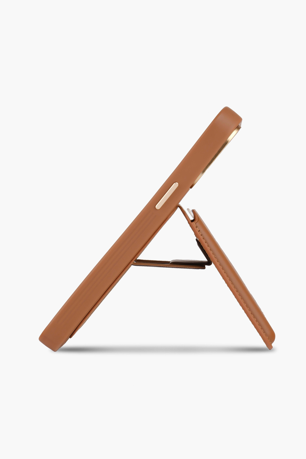 Standlı Gold Detaylı iPhone 15 Pro Max Taba Deri Telefon Kılıfı