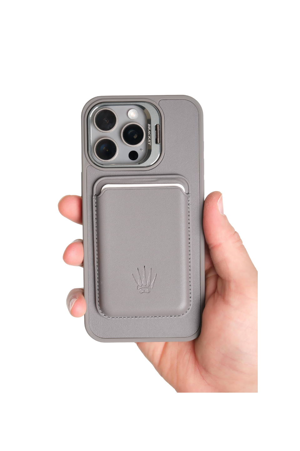 PrimeCase Iphone 15 Pro Max Gri Manyetik Özellikli Standlı Deri Kılıf+Kartlık